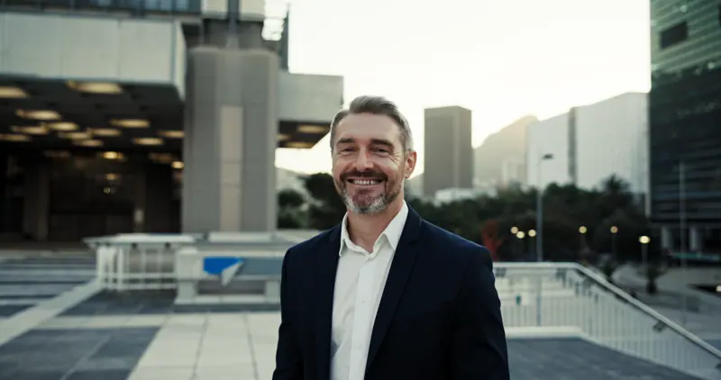 Smiling man in city corporate setting