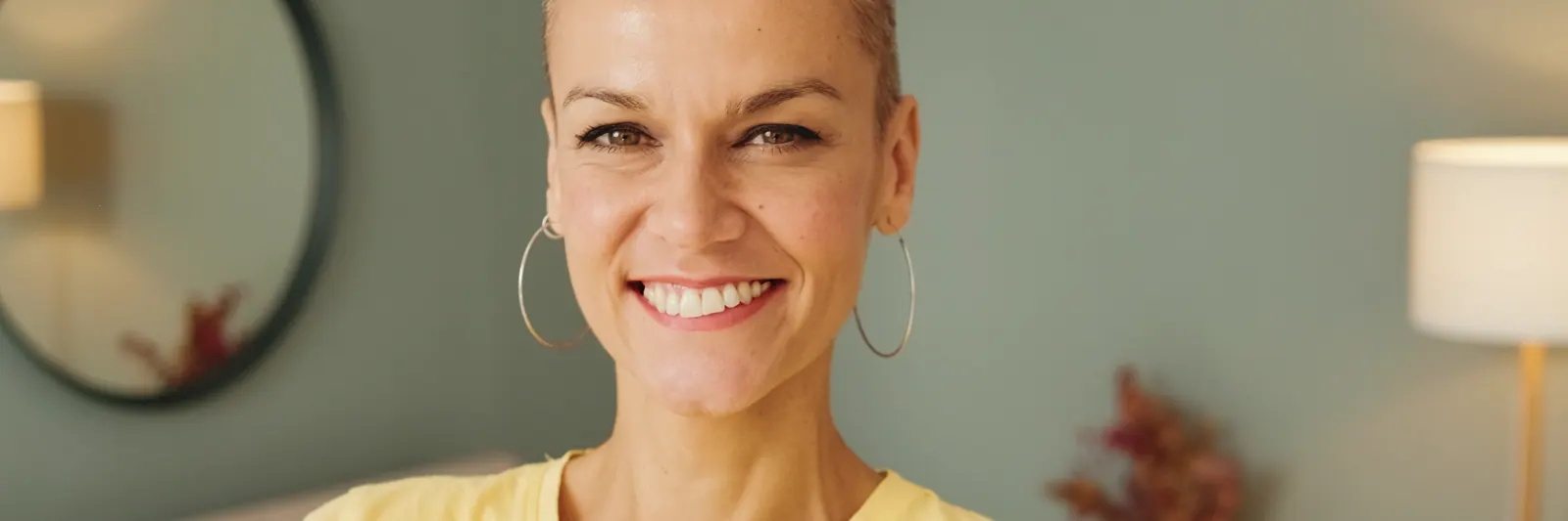 Smiling woman with very short hair indoors