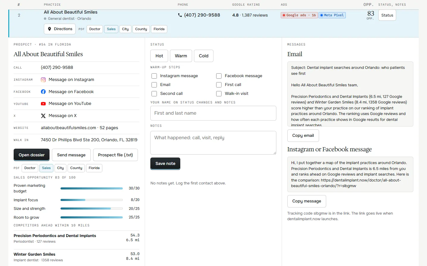 Prospect file under a row: contacts, reports, sales opportunity, status, notes and messages