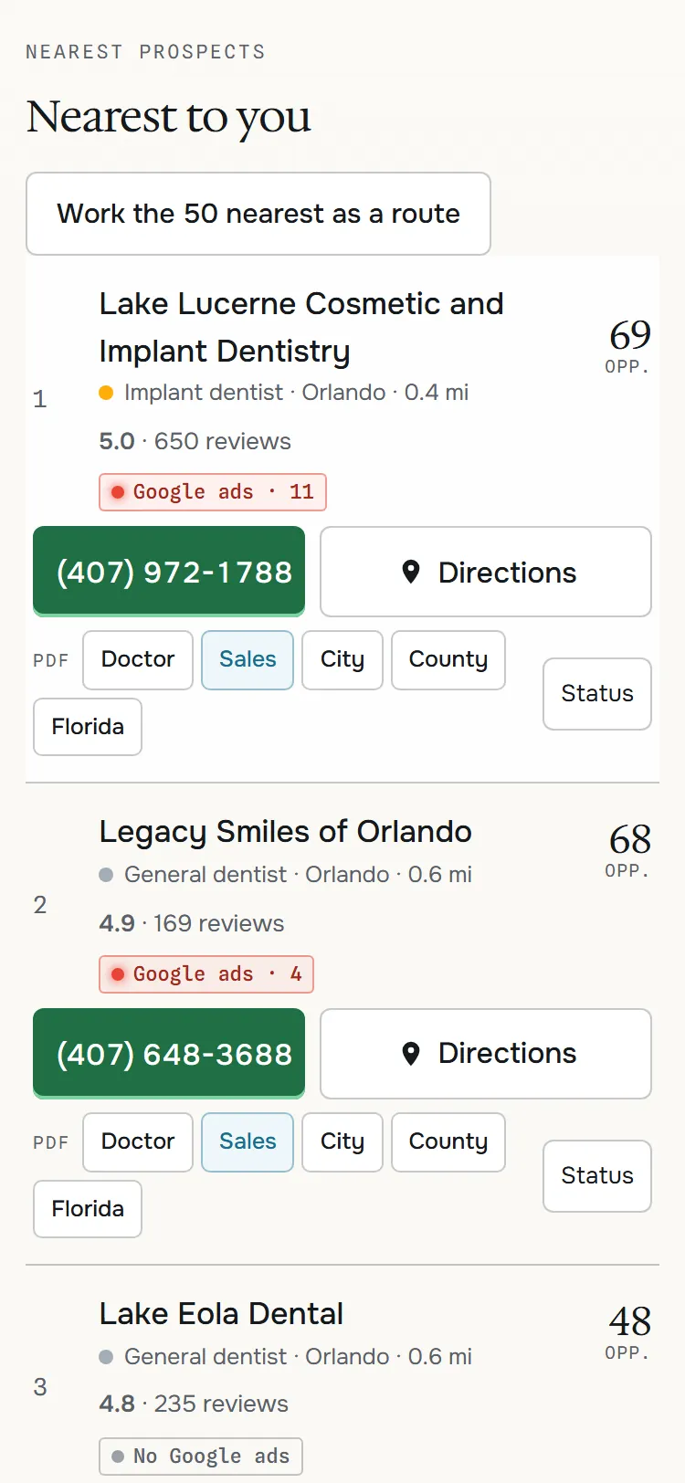 Where are you: the 10 nearest prospects with Call and Directions buttons